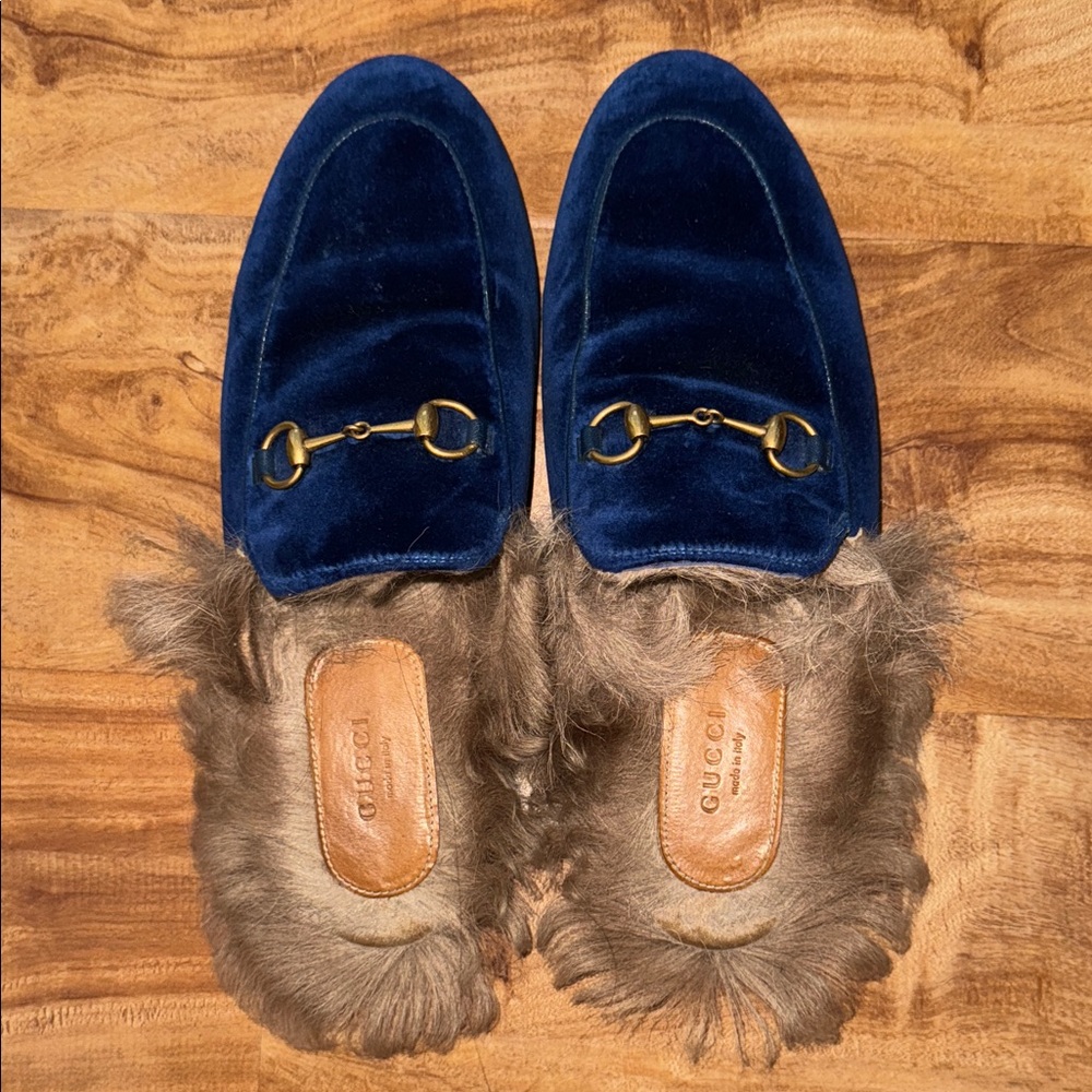 Gucci Royal Blue Velvet Loafers with Fur Trim